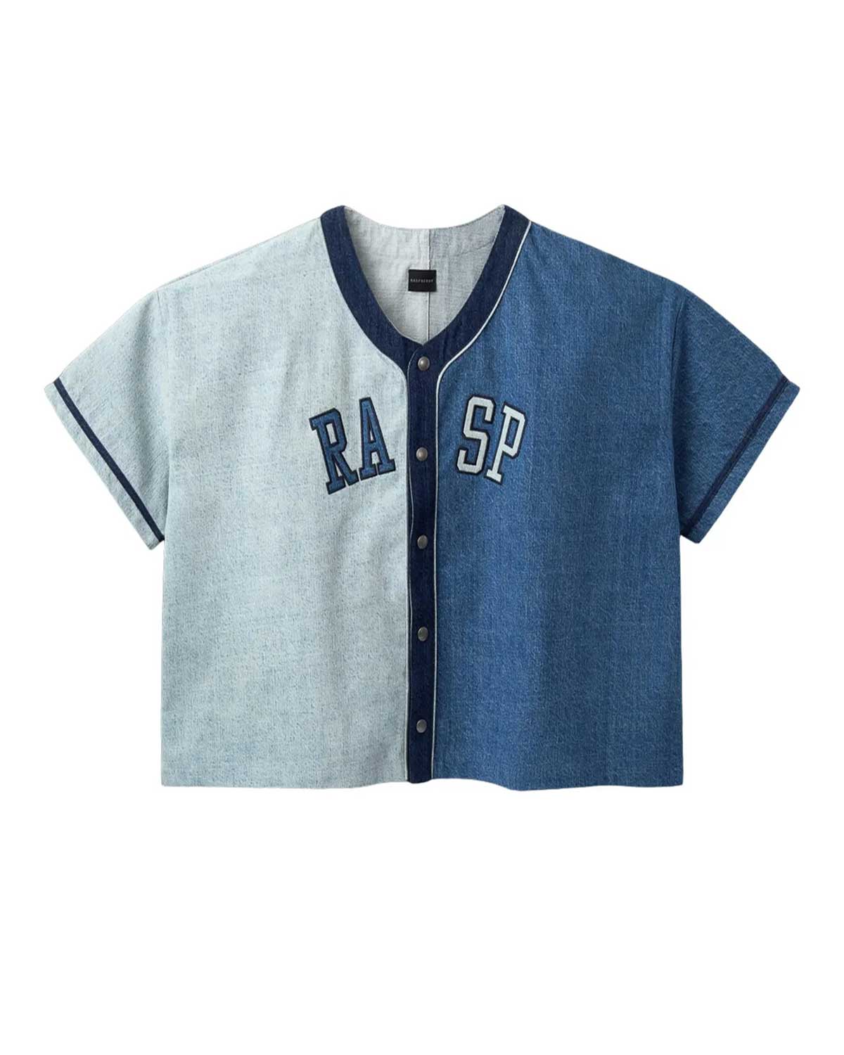 GV Gallery Two Tone Denim Jersey blue, two-tone denim baseball jersey with RASP felt lettering, front view
