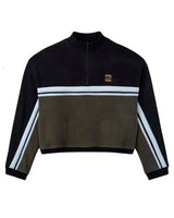 GV Gallery Women's Cropped Quarter Zip black, black and olive colorblock cropped quarter-zip with white and blue stripes, front view