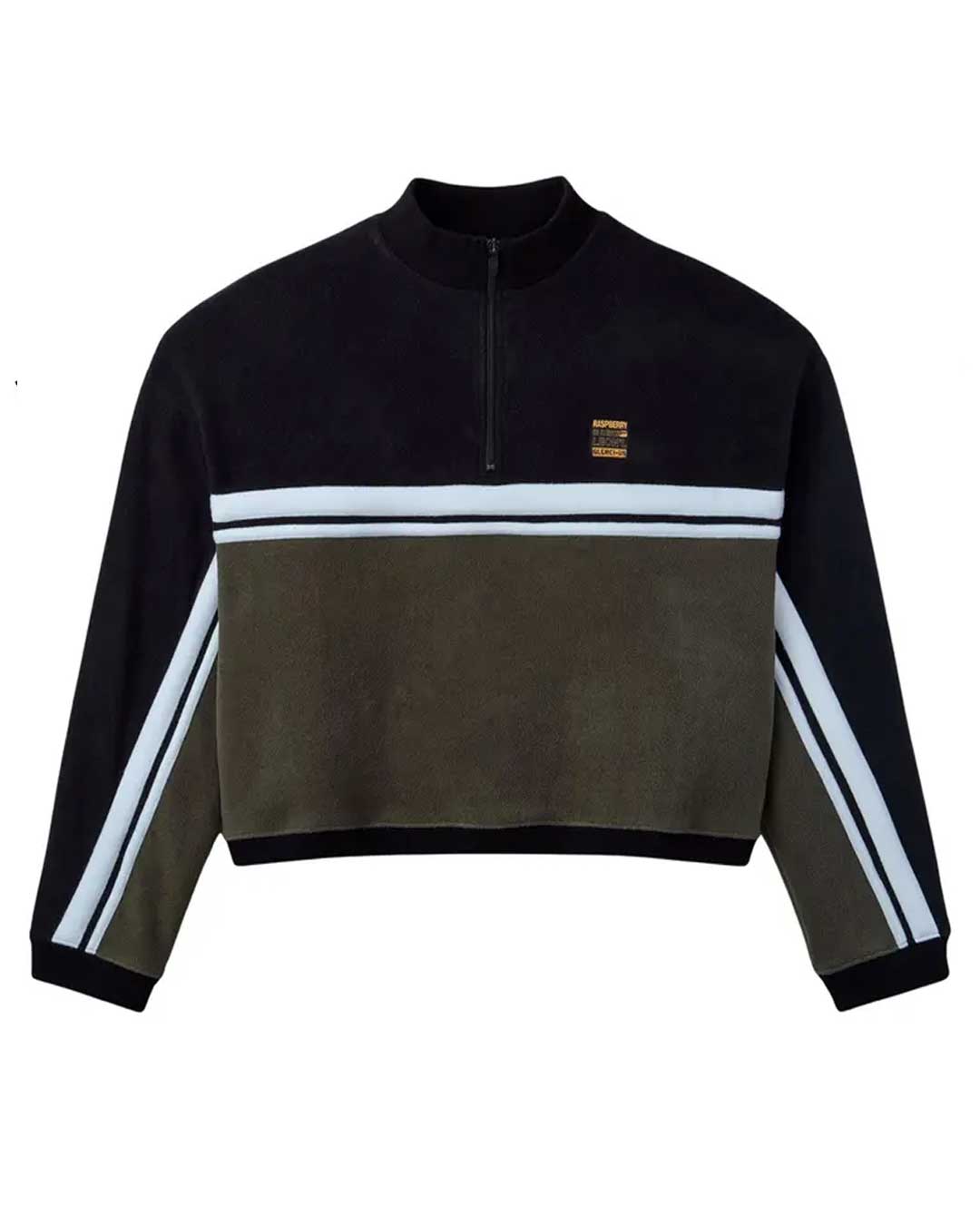 GV Gallery Women's Cropped Quarter Zip black, black and olive colorblock cropped quarter-zip with white and blue stripes, front view