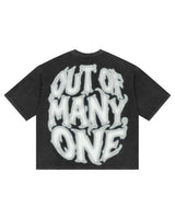 Godspeed 8Ball CP Tee Black Wash, back view showing the bubble-lettered OUT OF MANY, ONE print