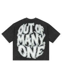 Godspeed 8Ball CP Tee Black Wash, back view showing the bubble-lettered OUT OF MANY, ONE print