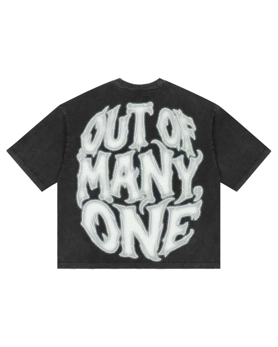 Godspeed 8Ball CP Tee Black Wash, back view showing the bubble-lettered OUT OF MANY, ONE print
