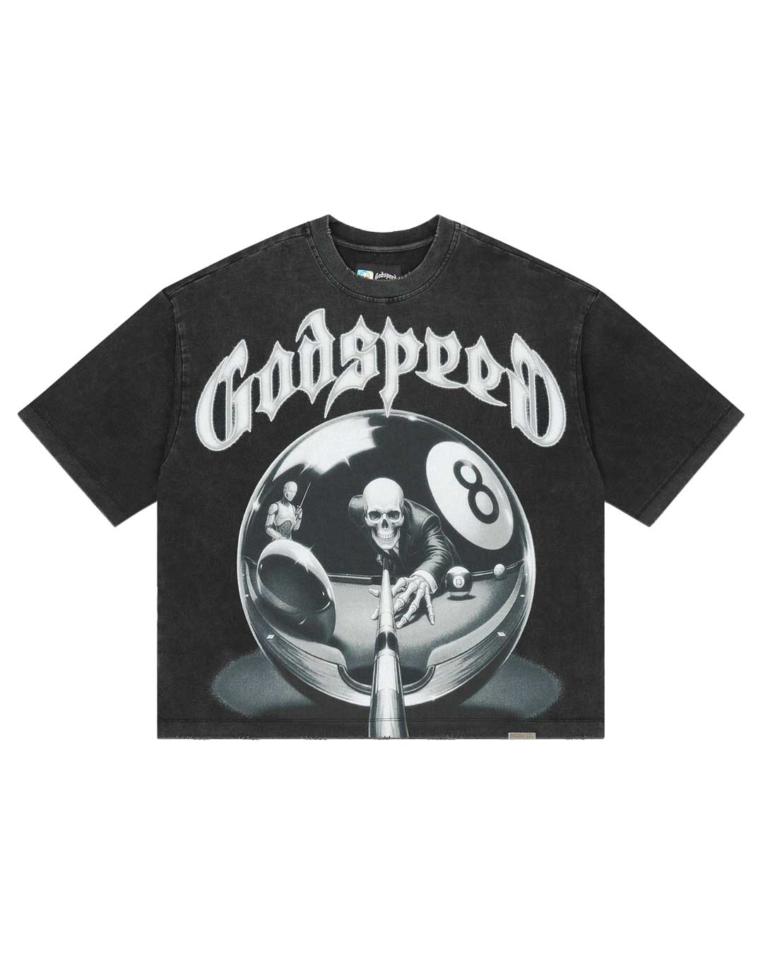 Godspeed 8Ball CP Tee Black Wash, washed black cotton tee with a chrome 8-ball and skeleton pool player graphic, front view