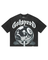 Godspeed 8Ball CP Tee Black Wash, washed black cotton tee with a chrome 8-ball and skeleton pool player graphic, front view