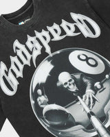 Godspeed 8Ball CP Tee Black Wash, angled side view showing the boxy cut and raw hem