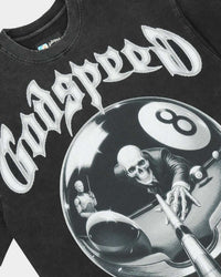 Godspeed 8Ball CP Tee Black Wash, angled side view showing the boxy cut and raw hem
