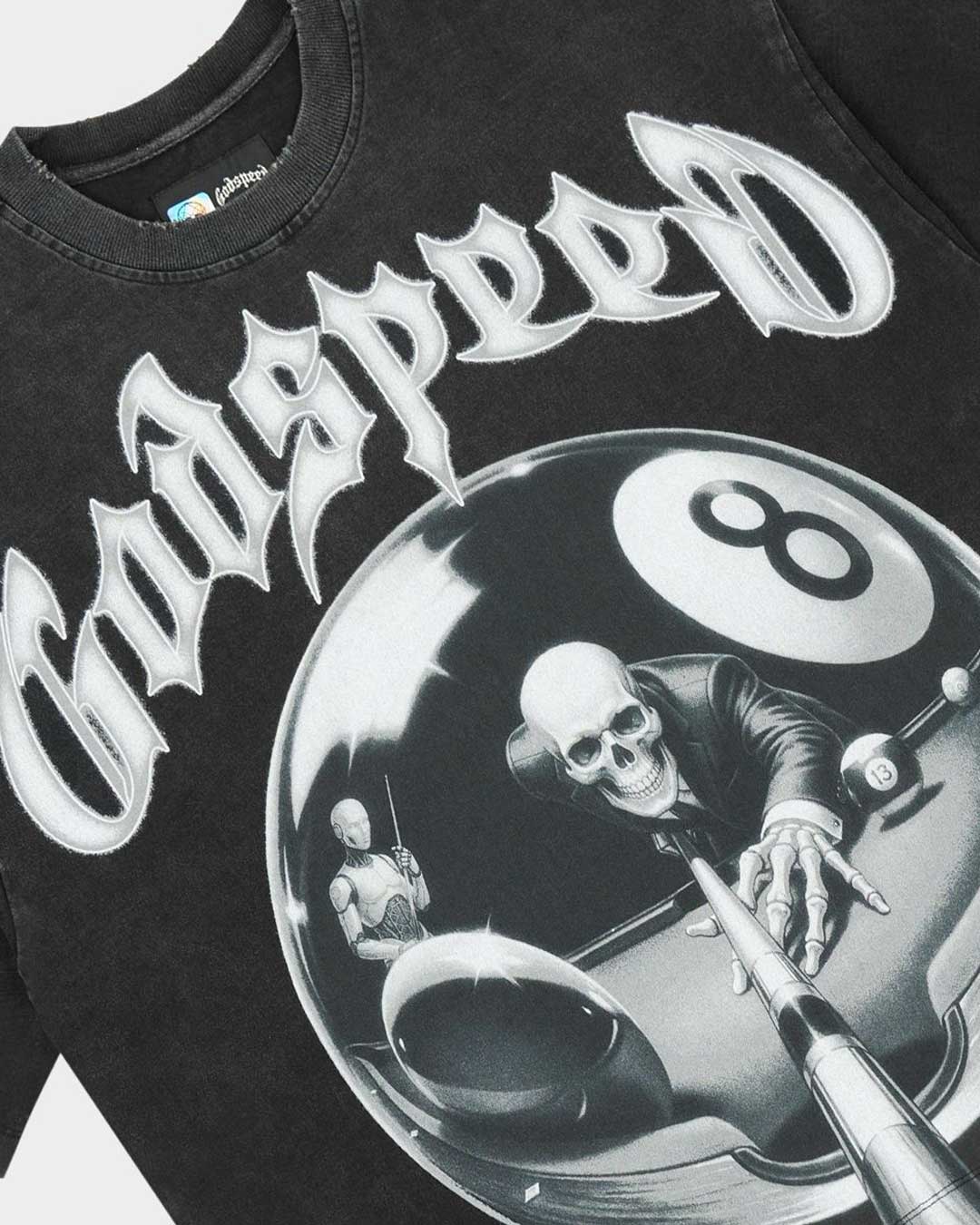 Godspeed 8Ball CP Tee Black Wash, angled side view showing the boxy cut and raw hem