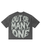 Godspeed 8Ball CP Tee Grey Wash, back view showing the bubble-lettered OUT OF MANY, ONE print