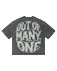 Godspeed 8Ball CP Tee Grey Wash, back view showing the bubble-lettered OUT OF MANY, ONE print