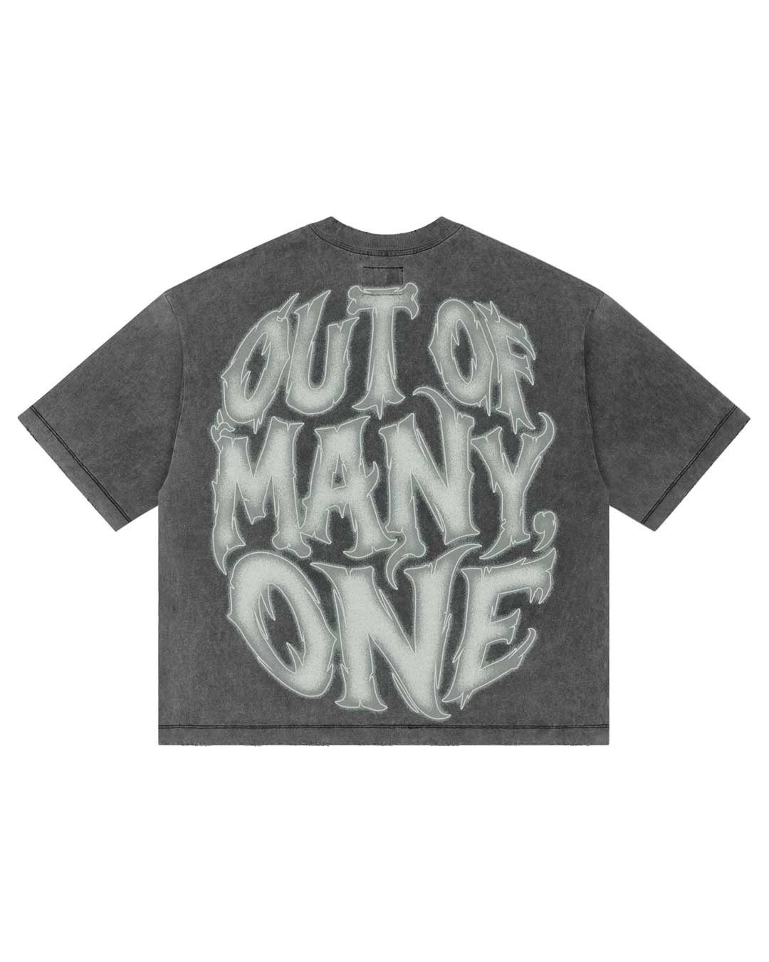 Godspeed 8Ball CP Tee Grey Wash, back view showing the bubble-lettered OUT OF MANY, ONE print