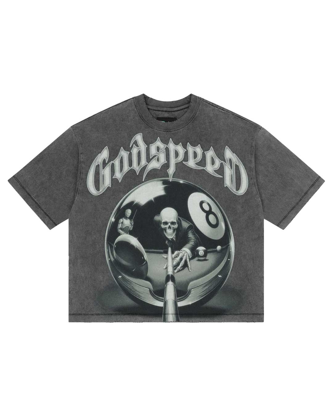 Godspeed 8Ball CP Tee Grey Wash, mineral-washed grey cotton tee with a chrome 8-ball and skeleton pool player graphic, front view