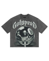 Godspeed 8Ball CP Tee Grey Wash, mineral-washed grey cotton tee with a chrome 8-ball and skeleton pool player graphic, front view