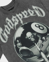 Godspeed 8Ball CP Tee Grey Wash, angled side view showing the boxy cut and raw hem