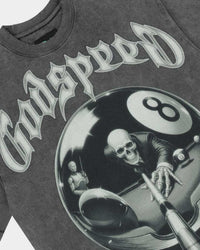 Godspeed 8Ball CP Tee Grey Wash, angled side view showing the boxy cut and raw hem