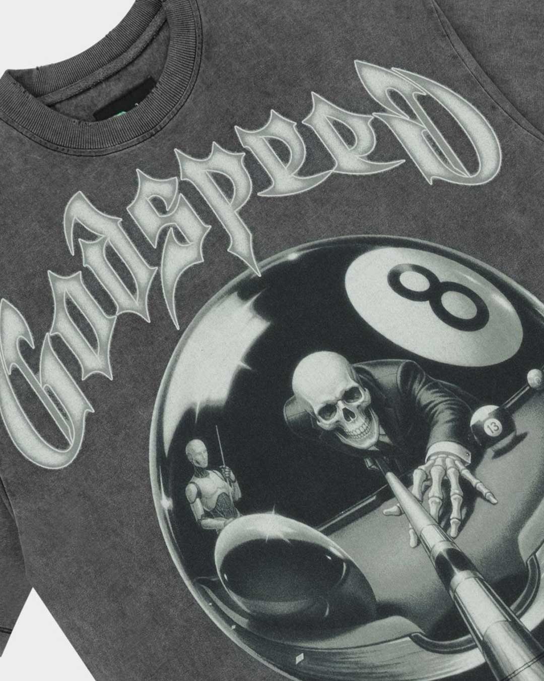 Godspeed 8Ball CP Tee Grey Wash, angled side view showing the boxy cut and raw hem
