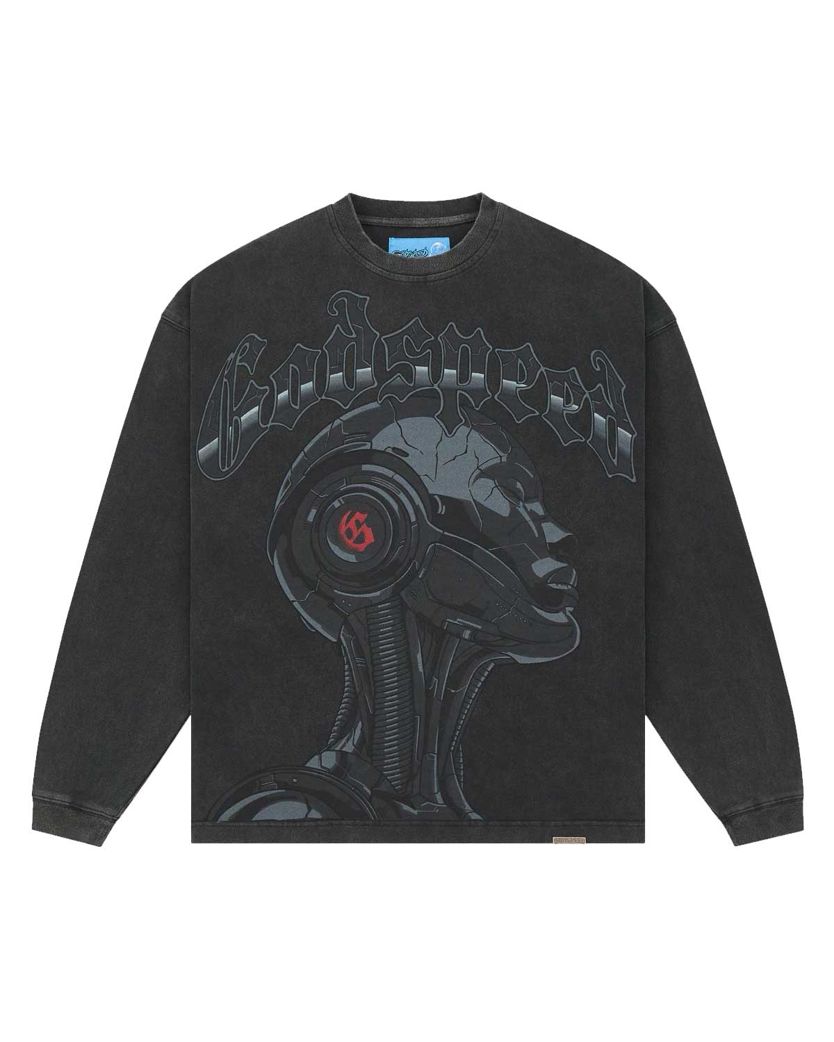 Godspeed Alexa II NG L/S Tee black, long-sleeve tee with chrome android profile graphic, front view