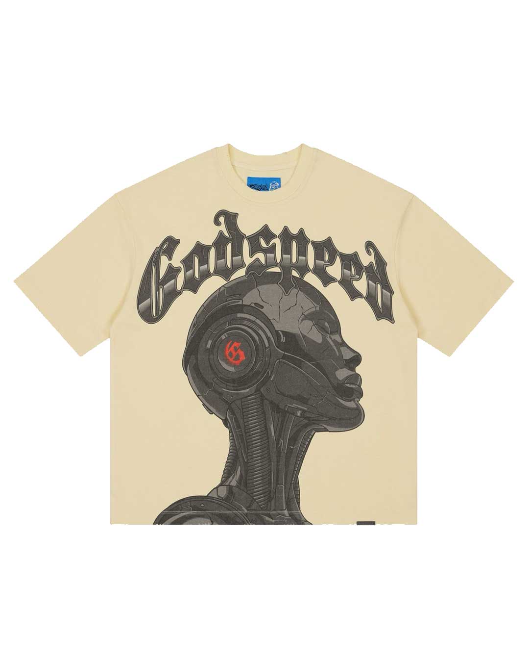 Godspeed Alexa NG Tee bone, cotton tee with a greyscale cyborg portrait graphic under arched Gothic Godspeed lettering, front view