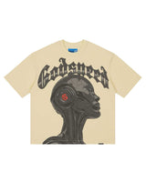 Godspeed Alexa NG Tee bone, cotton tee with a greyscale cyborg portrait graphic under arched Gothic Godspeed lettering, front view