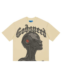 Godspeed Alexa NG Tee bone, cotton tee with a greyscale cyborg portrait graphic under arched Gothic Godspeed lettering, front view