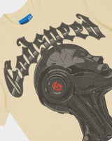Godspeed Alexa NG Tee bone, angled close-up of the cyborg portrait with its red iris and the Gothic Godspeed lettering