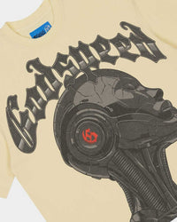 Godspeed Alexa NG Tee bone, angled close-up of the cyborg portrait with its red iris and the Gothic Godspeed lettering