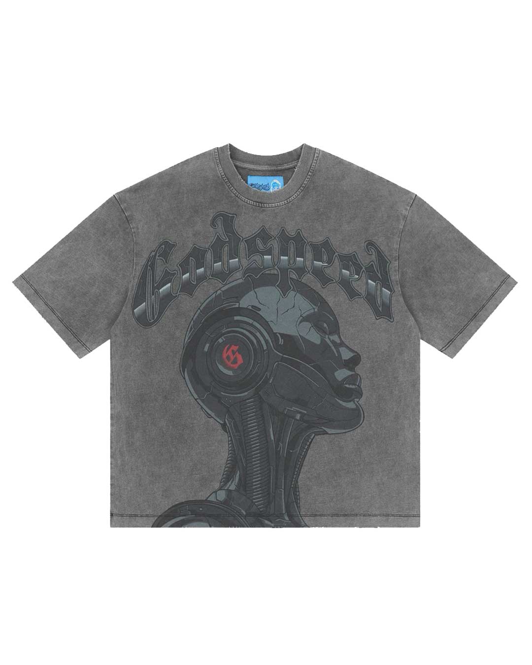 Godspeed Alexa NG Tee washed grey, cotton tee with a charcoal cyborg portrait graphic under tonal Gothic Godspeed lettering, front view