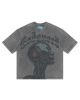 Godspeed Alexa NG Tee washed grey, cotton tee with a charcoal cyborg portrait graphic under tonal Gothic Godspeed lettering, front view