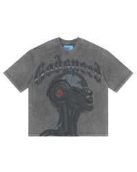Godspeed Alexa NG Tee washed grey, cotton tee with a charcoal cyborg portrait graphic under tonal Gothic Godspeed lettering, front view
