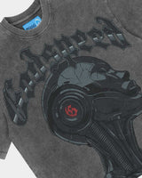 Godspeed Alexa NG Tee washed grey, angled close-up of the cyborg portrait with its red iris and the Gothic Godspeed lettering