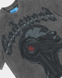 Godspeed Alexa NG Tee washed grey, angled close-up of the cyborg portrait with its red iris and the Gothic Godspeed lettering