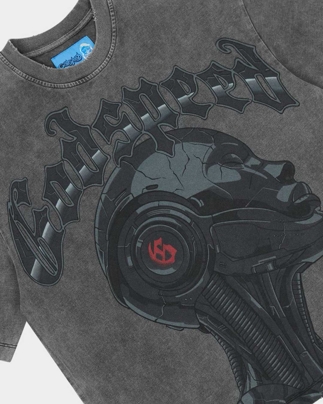 Godspeed Alexa NG Tee washed grey, angled close-up of the cyborg portrait with its red iris and the Gothic Godspeed lettering