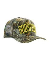 Godspeed Americana Trucker Hat Tree Camo, side view showing the US flag tag and curved brim