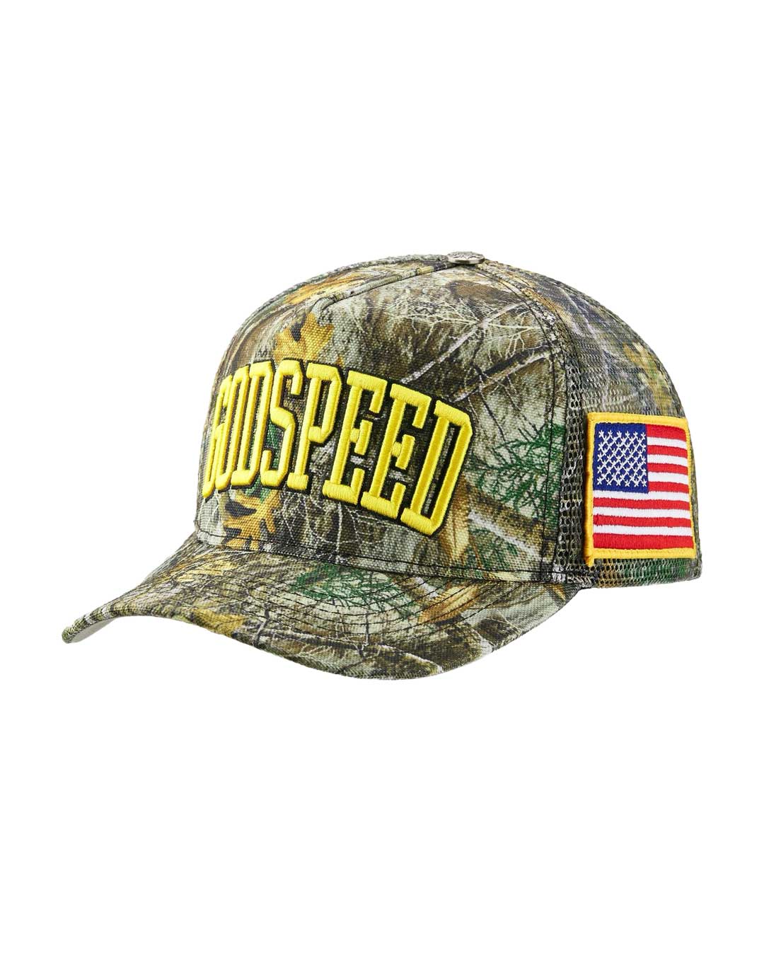 Godspeed Americana Trucker Hat Tree Camo, opposite side view showing the camo crown panels