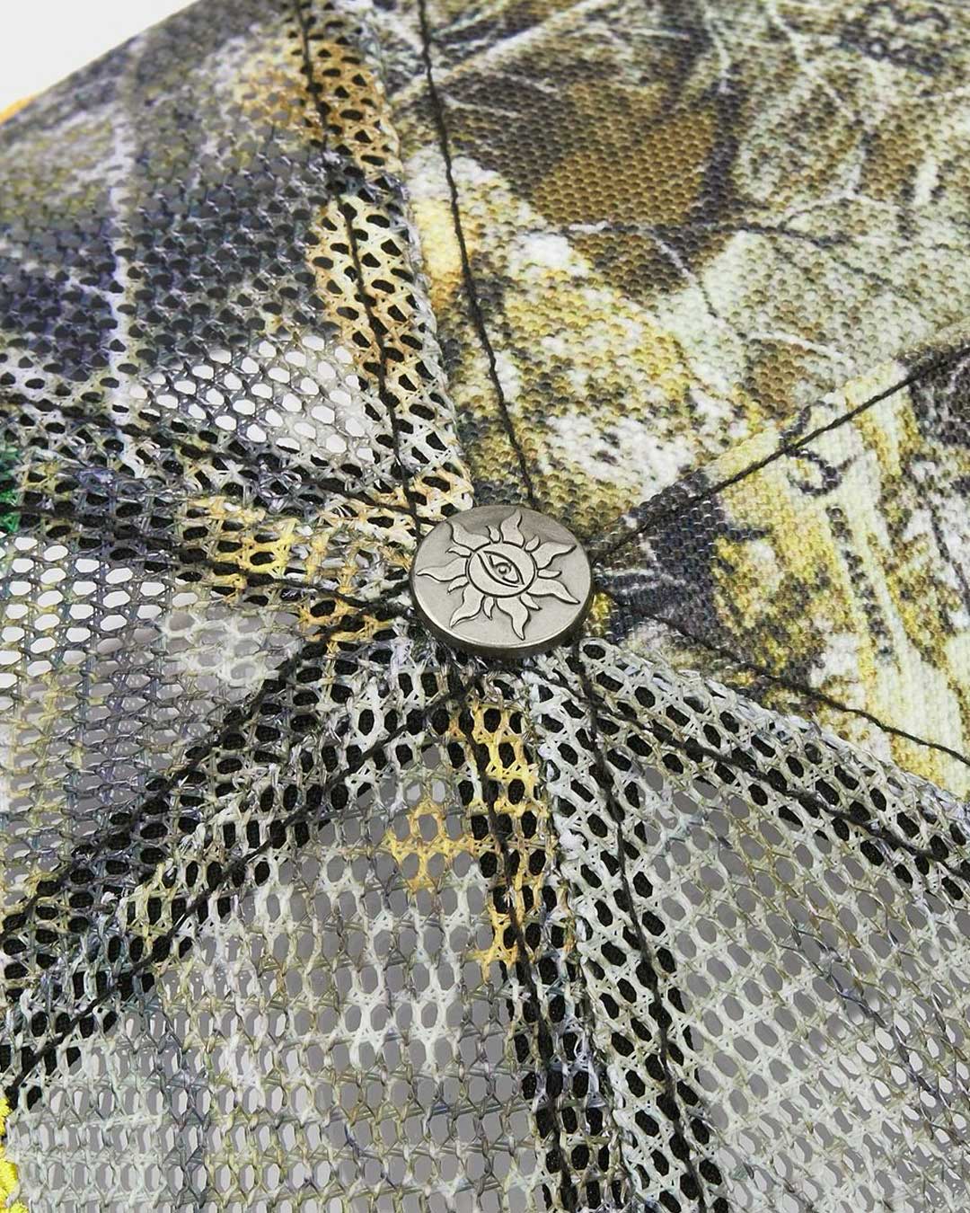 Godspeed Americana Trucker Hat Tree Camo, top-down view showing the camo crown and button
