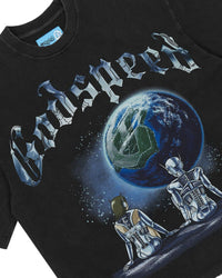 Godspeed Artificial Love II NG Tee black, close-up of the two androids watching Earth under chrome Godspeed lettering