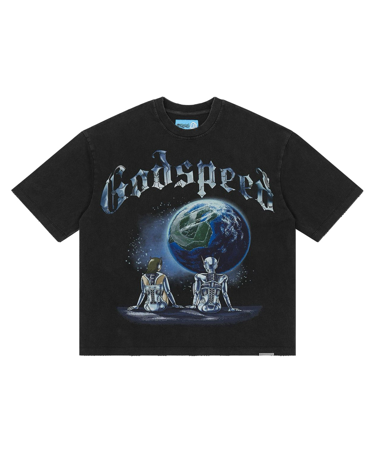 Godspeed Artificial Love II NG Tee black, T-shirt with chrome android and Earth graphic, front view