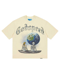 Godspeed Artificial Love II NG Tee bone, cotton tee with two robots watching the Earth rise, front view