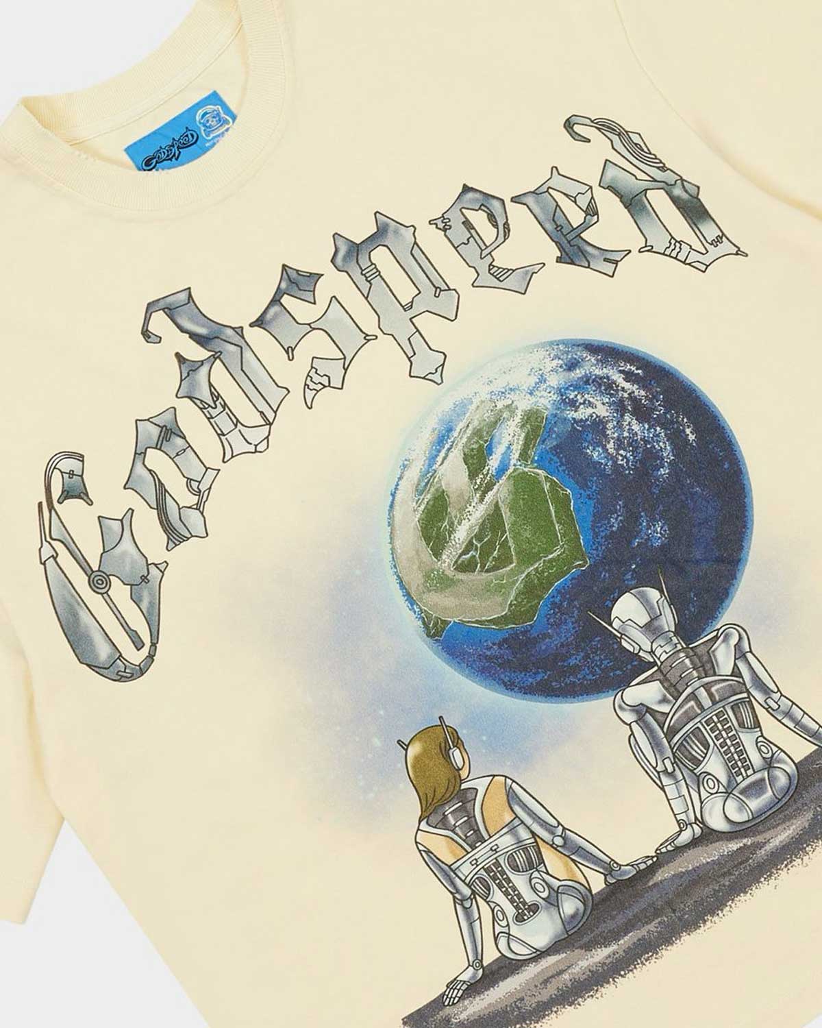 Godspeed Artificial Love II NG Tee bone, close-up of the blackletter Godspeed arch and robots graphic