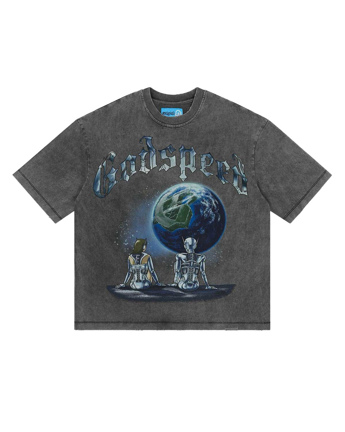 Godspeed Artificial Love II NG Tee Grey, washed grey tee with skeletons seated before a cracked Earth, front view