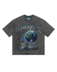 Godspeed Artificial Love II NG Tee Grey, washed grey tee with skeletons seated before a cracked Earth, front view