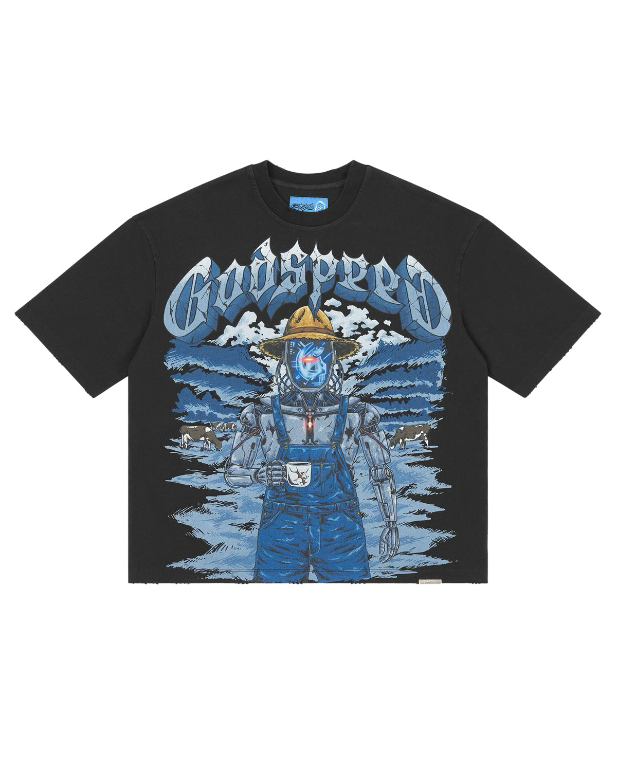 Godspeed Aura Farm II NG Tee black, T-shirt with blue cyborg-farmer graphic, front view
