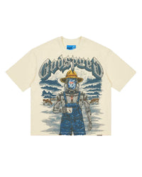 Godspeed Aura Farm II NG Tee bone, cotton tee with a robot farmhand and mountain pasture graphic, front view