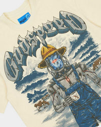 Godspeed Aura Farm II NG Tee bone, close-up of the chrome gothic Godspeed arch and robot farmhand