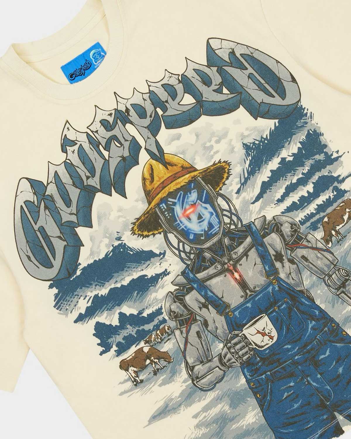 Godspeed Aura Farm II NG Tee bone, close-up of the chrome gothic Godspeed arch and robot farmhand