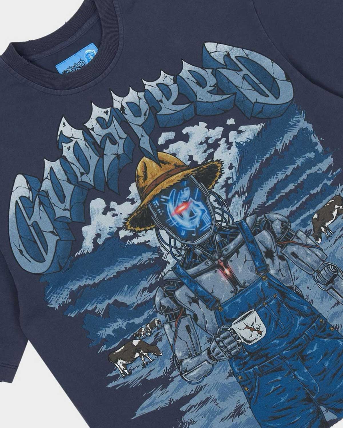 Godspeed Aura Farm II NG Tee Navy, close-up of the robotic farmer and gothic Godspeed print
