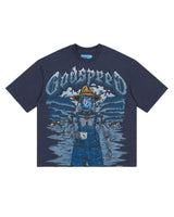 Godspeed Aura Farm II NG Tee Navy, navy tee with a robotic farmer and gothic Godspeed graphic, front view
