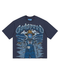 Godspeed Aura Farm II NG Tee Navy, navy tee with a robotic farmer and gothic Godspeed graphic, front view