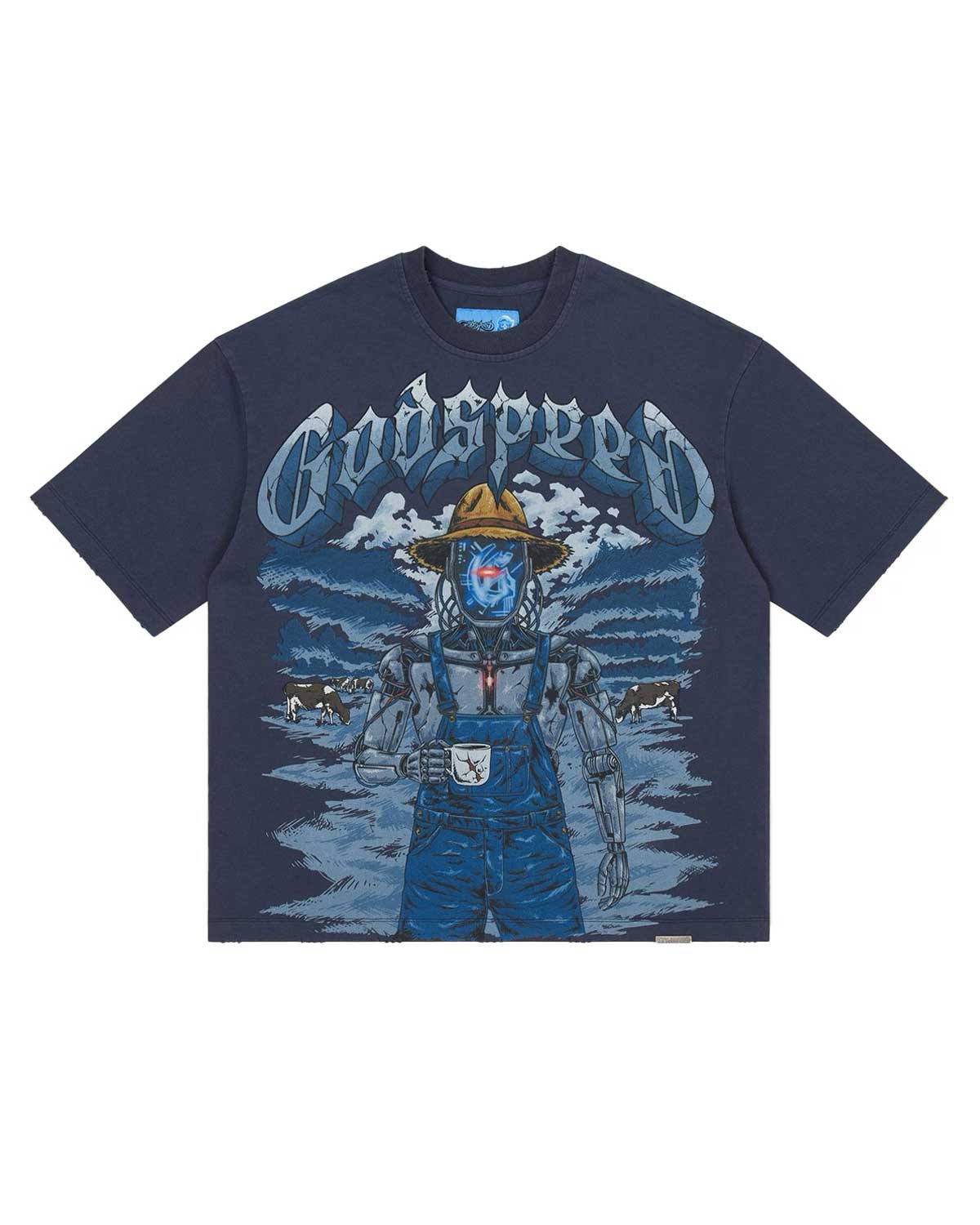 Godspeed Aura Farm II NG Tee Navy, navy tee with a robotic farmer and gothic Godspeed graphic, front view