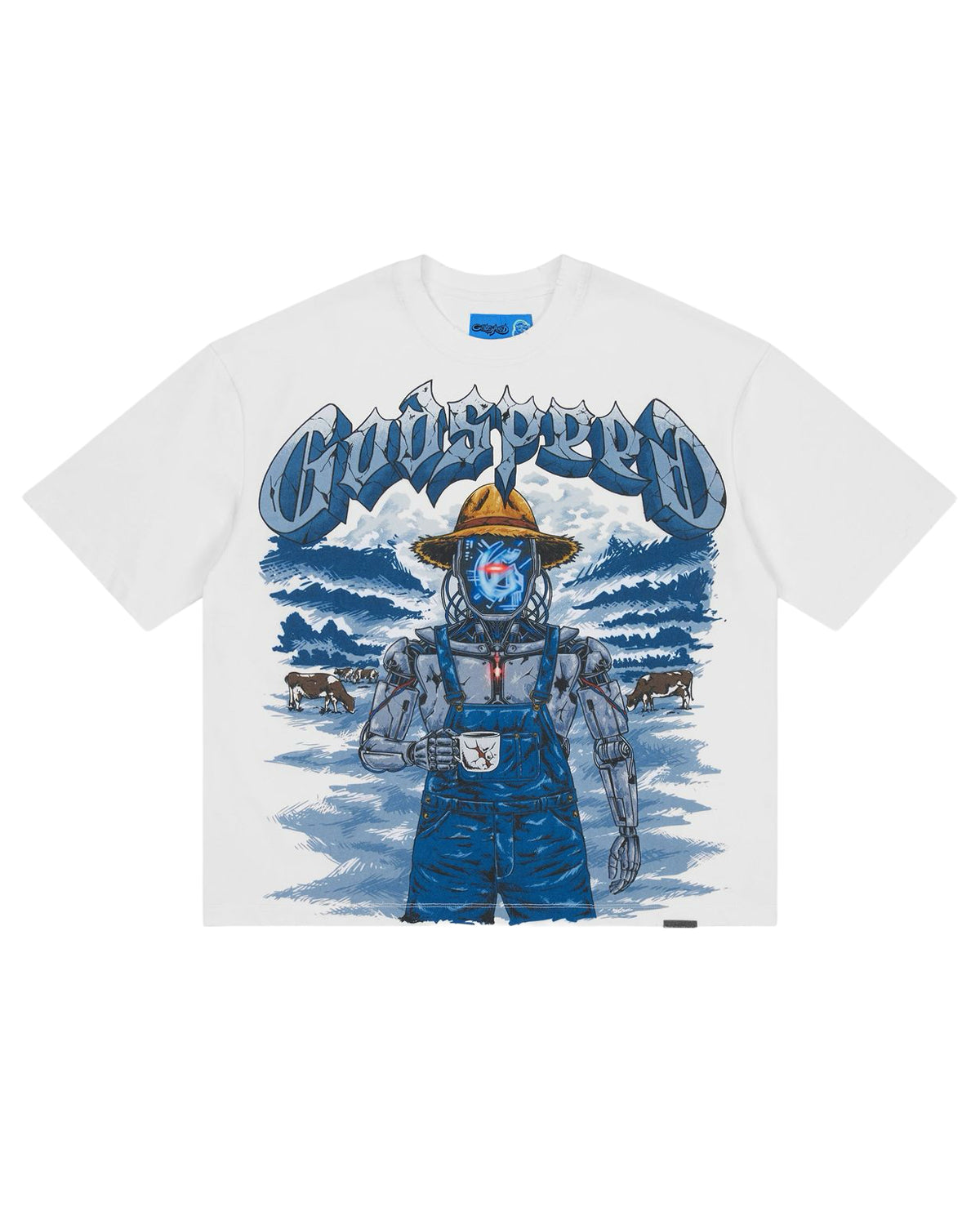Godspeed Aura Farm II NG Tee white, T-shirt with blue cyborg-farmer graphic, front view