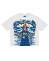 Godspeed Aura Farm II NG Tee white, T-shirt with blue cyborg-farmer graphic, front view